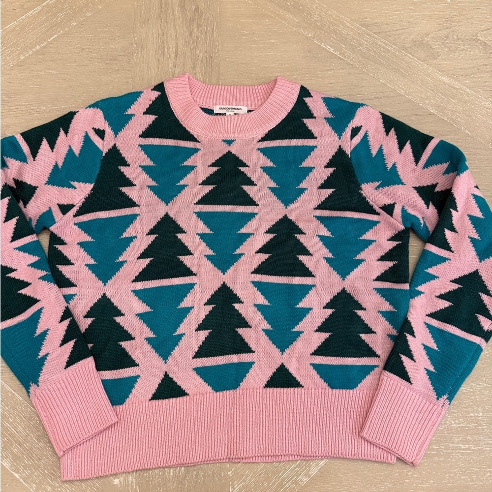 Grayson Threads Pink and Teal Geometric Sweater
